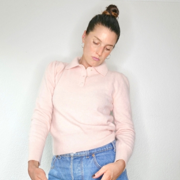 VTG | White Wheeler Martha Sweet Puff Sleeve Lambswool & Angora Puff Sleeve Polo - Picture 2 of 8